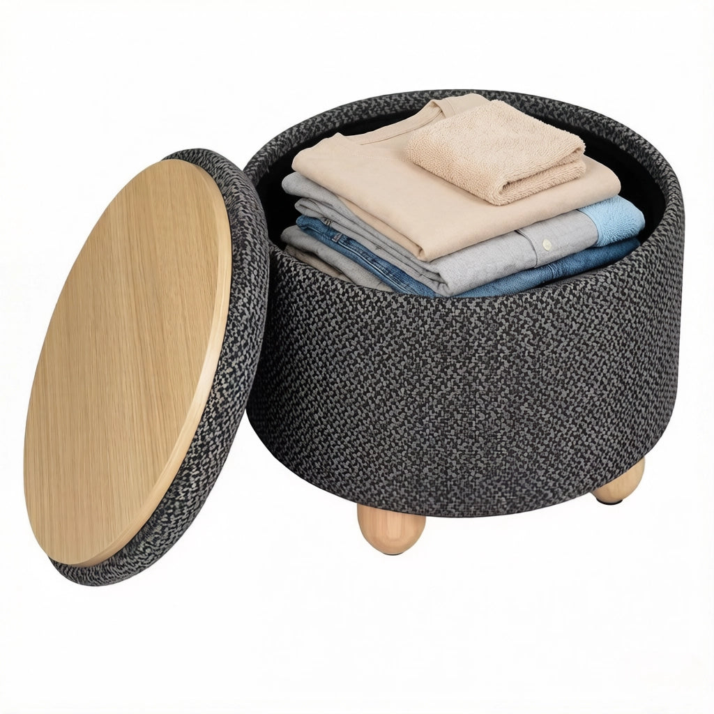 Pouf contenitore rotondo con vassoio in legno, lino e MDF, Grigio scuro