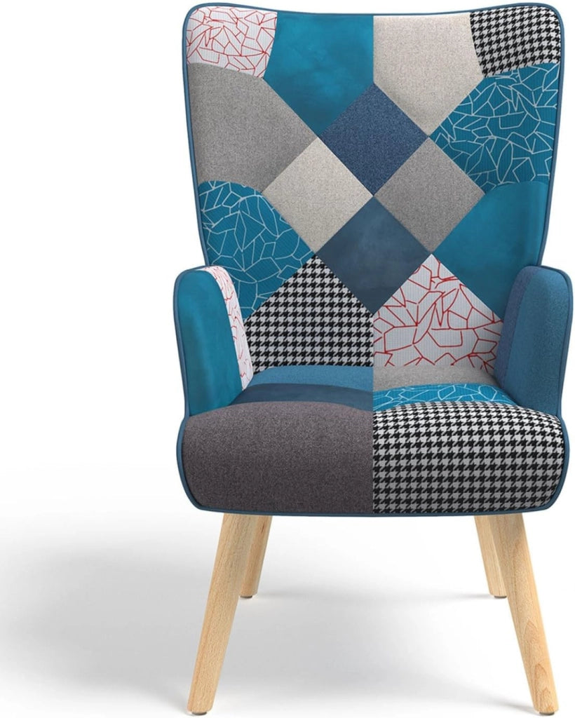 IVAR Poltrona scandinava con poggiapiedi in tessuto patchwork e velluto blu