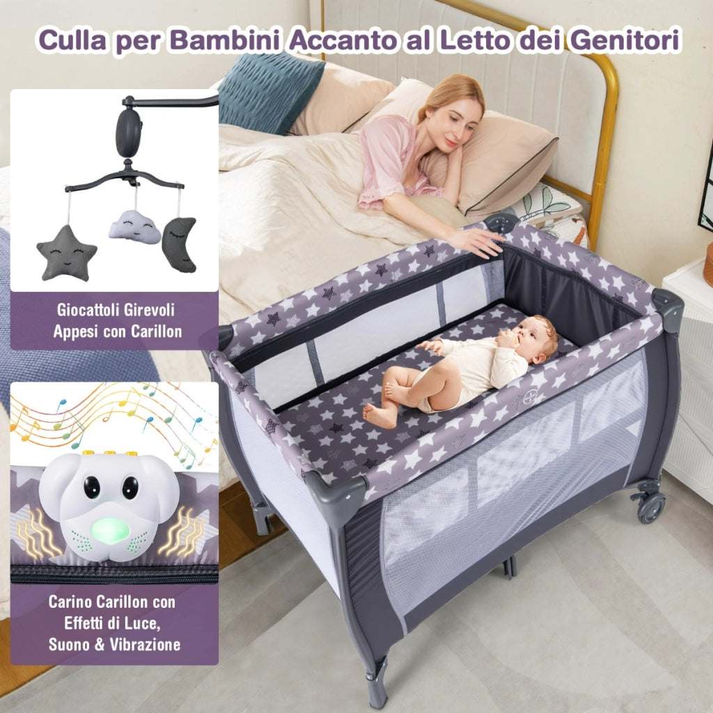 Lettino da viaggio per neonati con culla fasciatoio rimovibile sbarra girevole, Lettino da campeggio portatile Grigio scuro