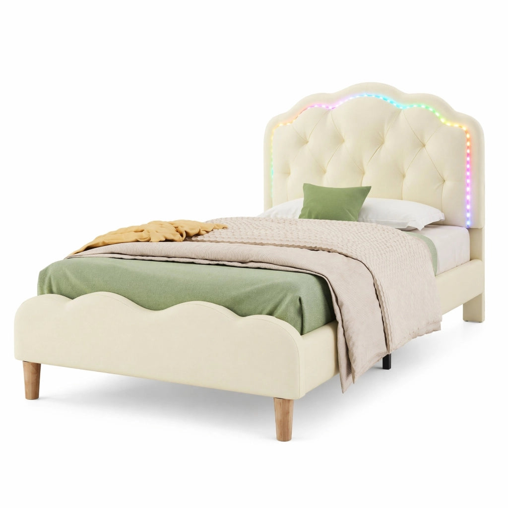 Letto imbottito in PU beige con testiera ondulata e strisce luminose multicolore
