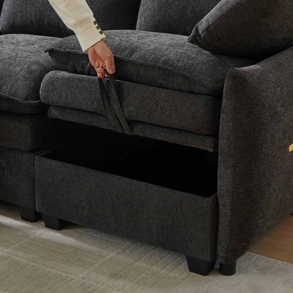 Divano U Modulare con Contenitore ¨C MINIMAL ¨C Chenille, Cuscini, Poggiapiedi, Legno Massello