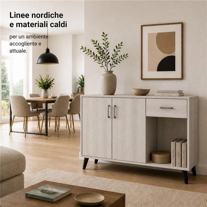 MOBILE IN MDF COLOR BIANCO LEGNO CON DUE ANTE, RIPIANO E CASSETTO MISURE: 120X38X74CM
