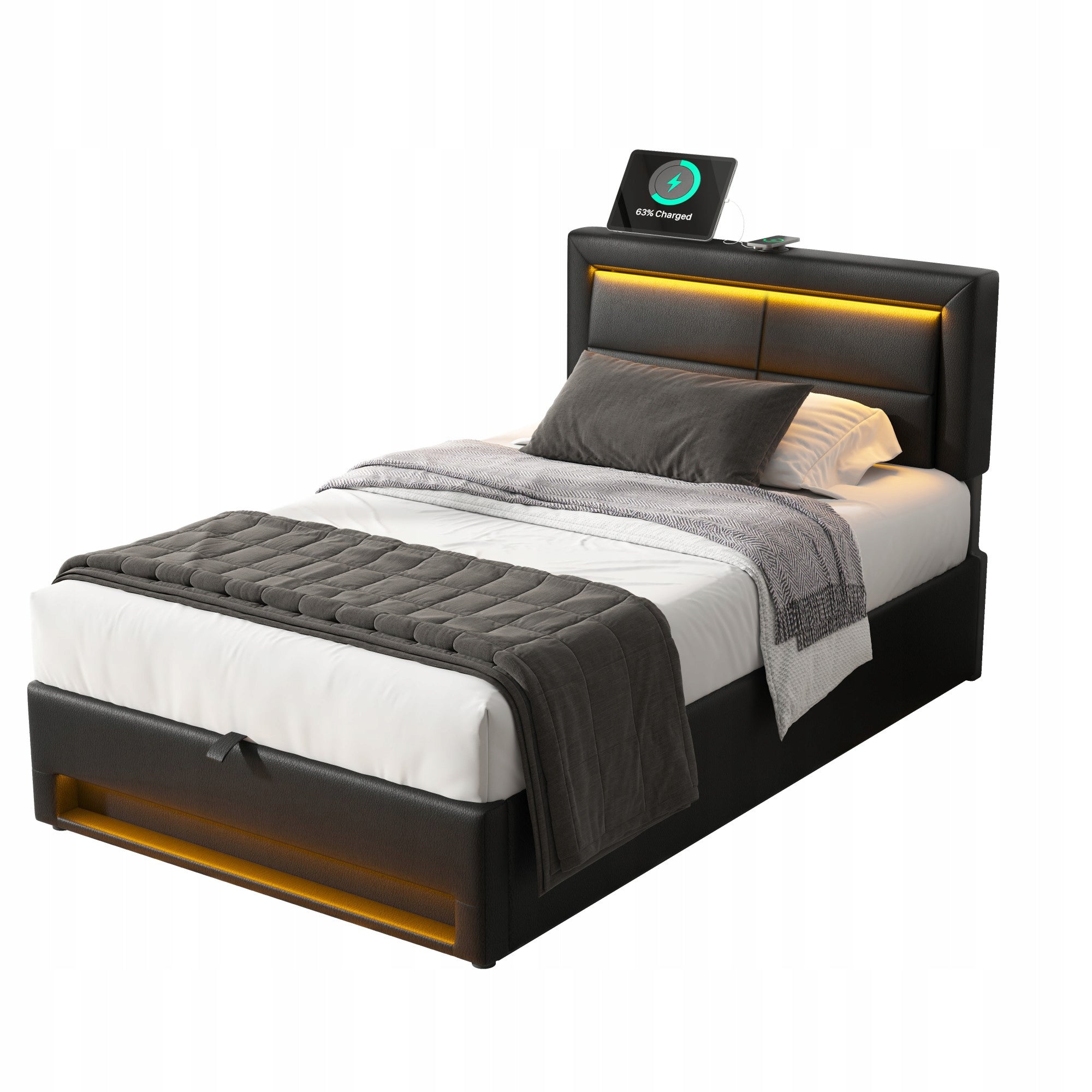 Letto singolo 90x200cm - Xylo - USB LED in Pelle Nera