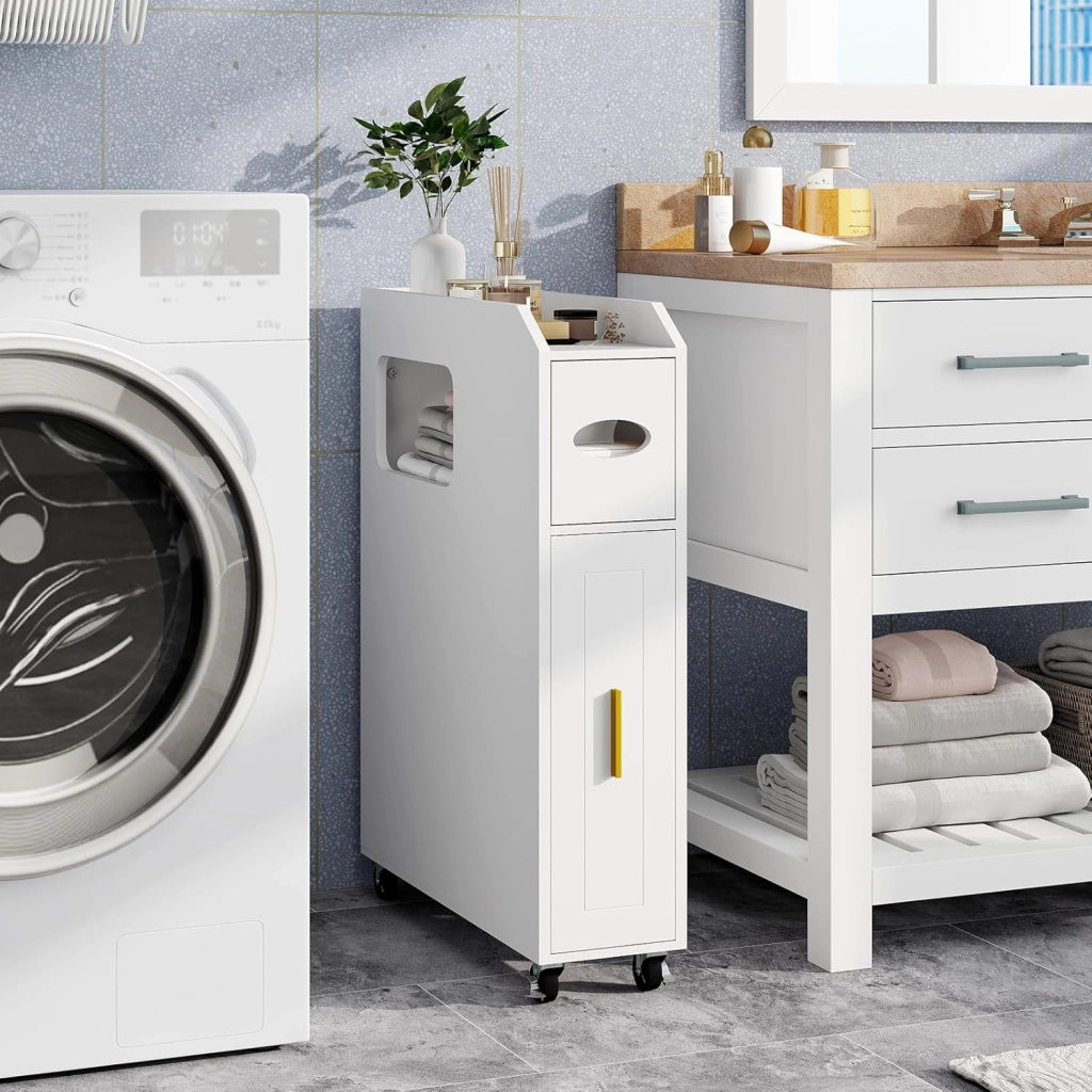 Credenza da Bagno Piccolo, Mobile Salvaspazio Stretto e Slim con Cassetto Scorrevole, Porta Fazzoletti, Portascopino e Ruote Bloccabile, Armadietto per Spazi Ridotti (Bianco)