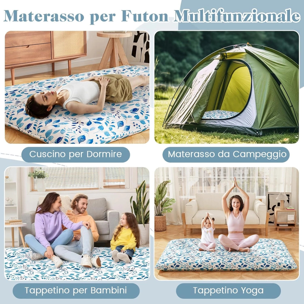 Materasso Futon Pieghevole, Materasso Portatile con Sacca da Trasporto per Camping, Materasso da Terra con Copertura Lavabile (Verde,200 x 140 cm)