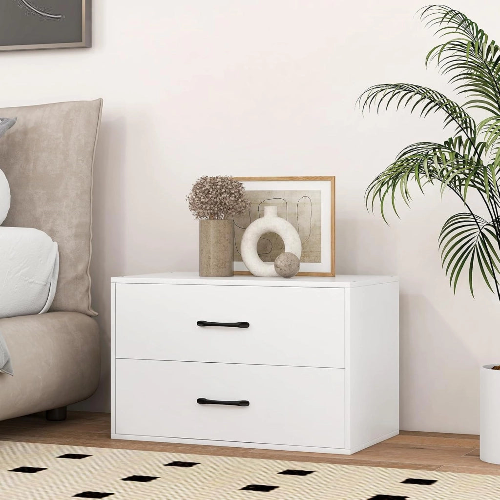 Organizzatore di Stoccaggio Impilabile con 2 Cassetti, Mobile Orizzontale con Kit Anti-Ribaltamento, Comò Multiuso per Soggiorno Studio Ufficio, 60x34x38 cm (Bianco)