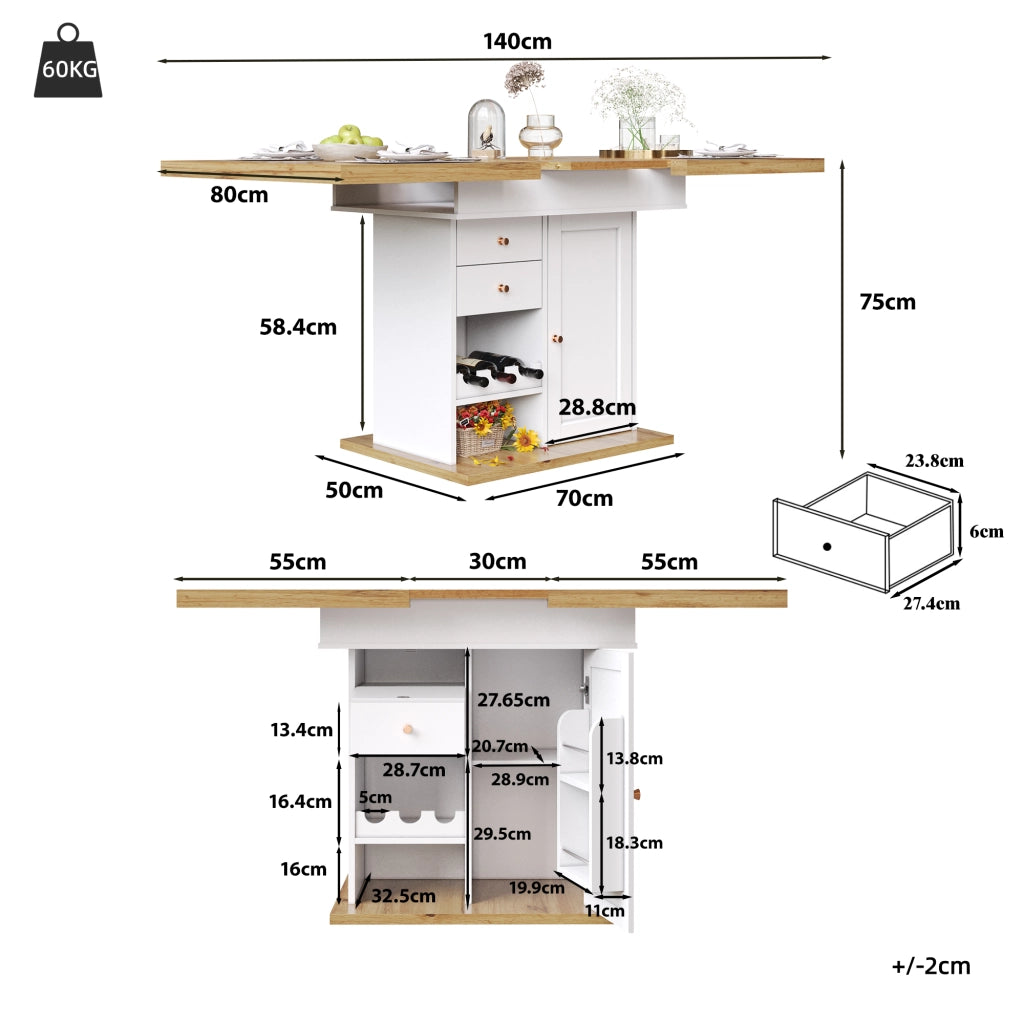 Tavolo allungabile con anta cassetto e ripiani regolabili per cucina e soggiorno in MDF bianco 110 × 80 × 75 cm