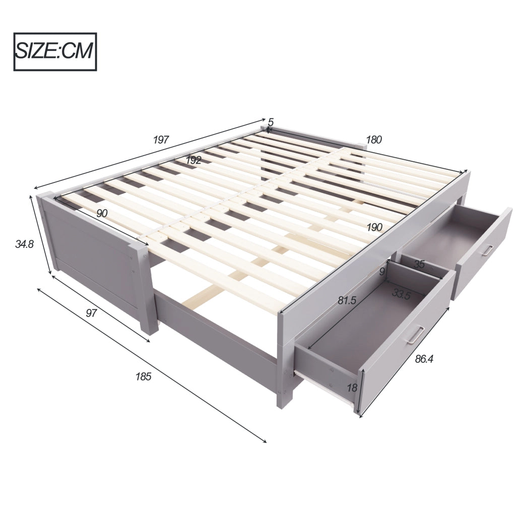 Letto estraibile singolo 90×190 cm e 180×190 cm con 2 cassetti e rete; senza materasso; legno; grigio
