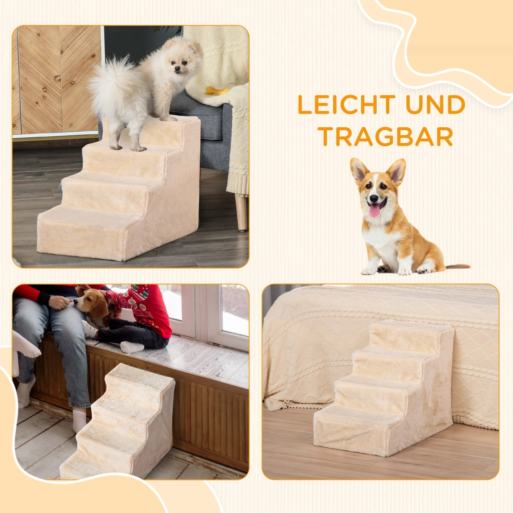Scaletta per animali a 4 gradini con rivestimento sfoderabile in pile per divano e letto beige 60 × 35 × 44 cm