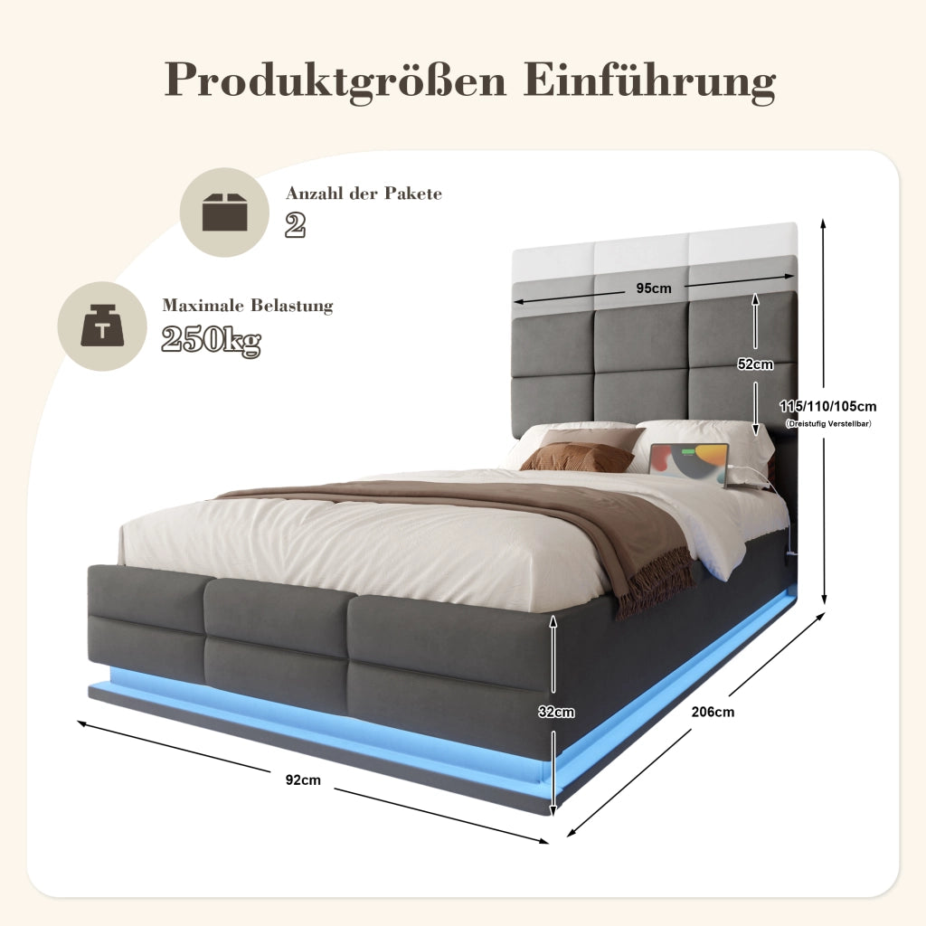 Letto Singolo 90 x 200 cm con Contenitore; USB; LED Regolabile e Testiera Regolabile