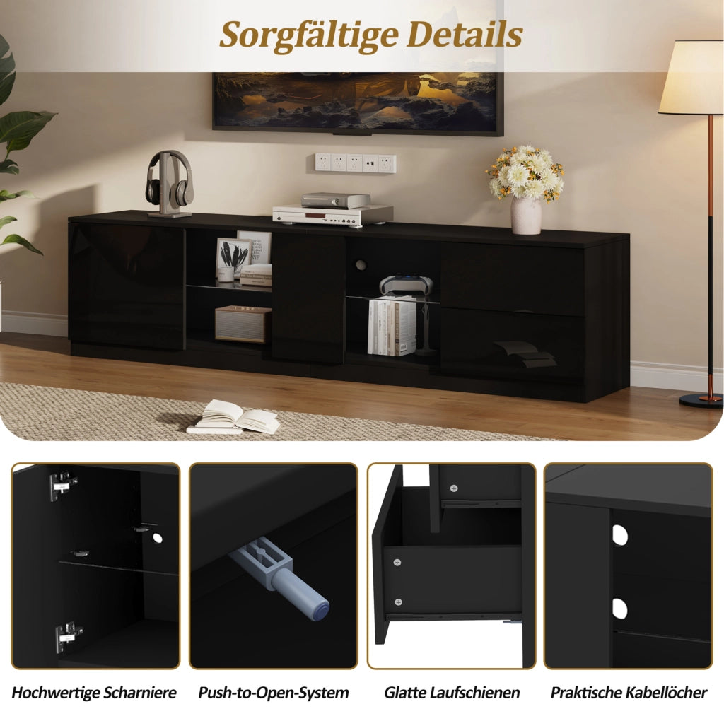 Mobile TV con LED; 2 cassetti e vano chiuso; MDF; vetro temperato; 160 x 40 x 52 cm; nero
