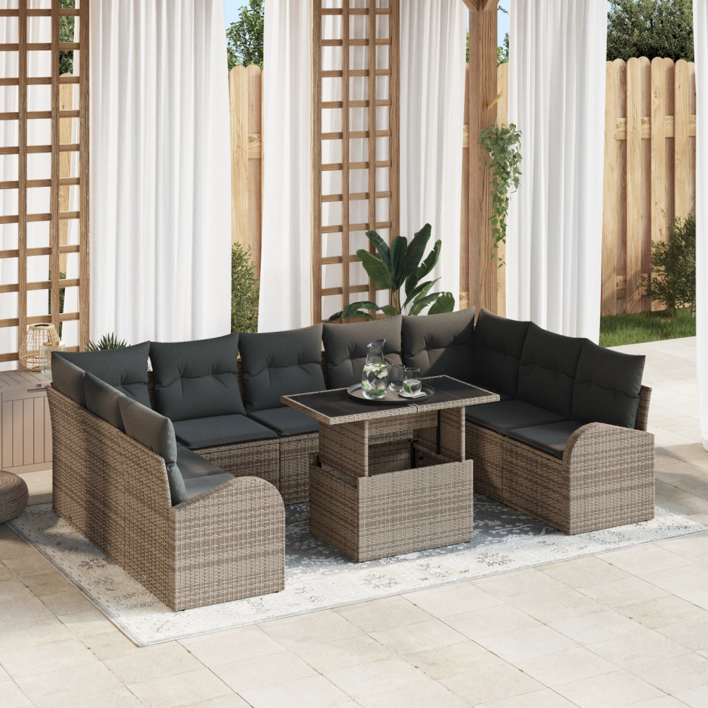 Set di divani da giardino da 10 pezzi con cuscini Grigio Polyrattan