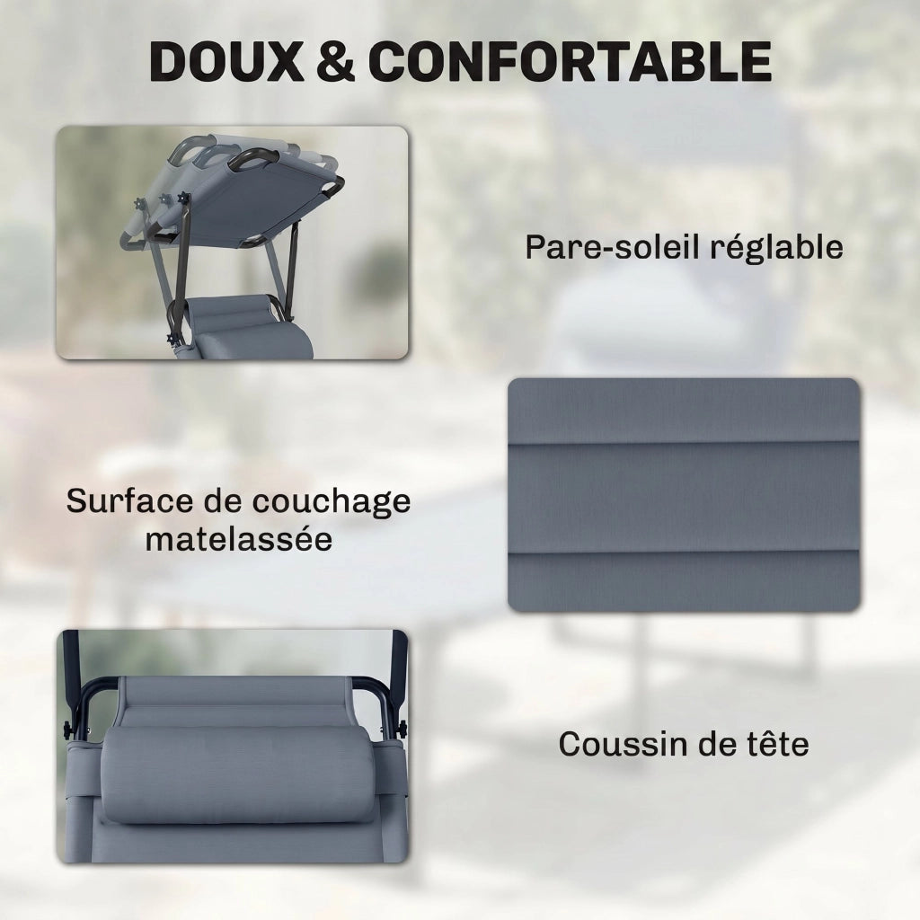 Chaise Longue Pieghevole con Parasole ¨C zephmum ¨C Grigio 70x200x45 cm
