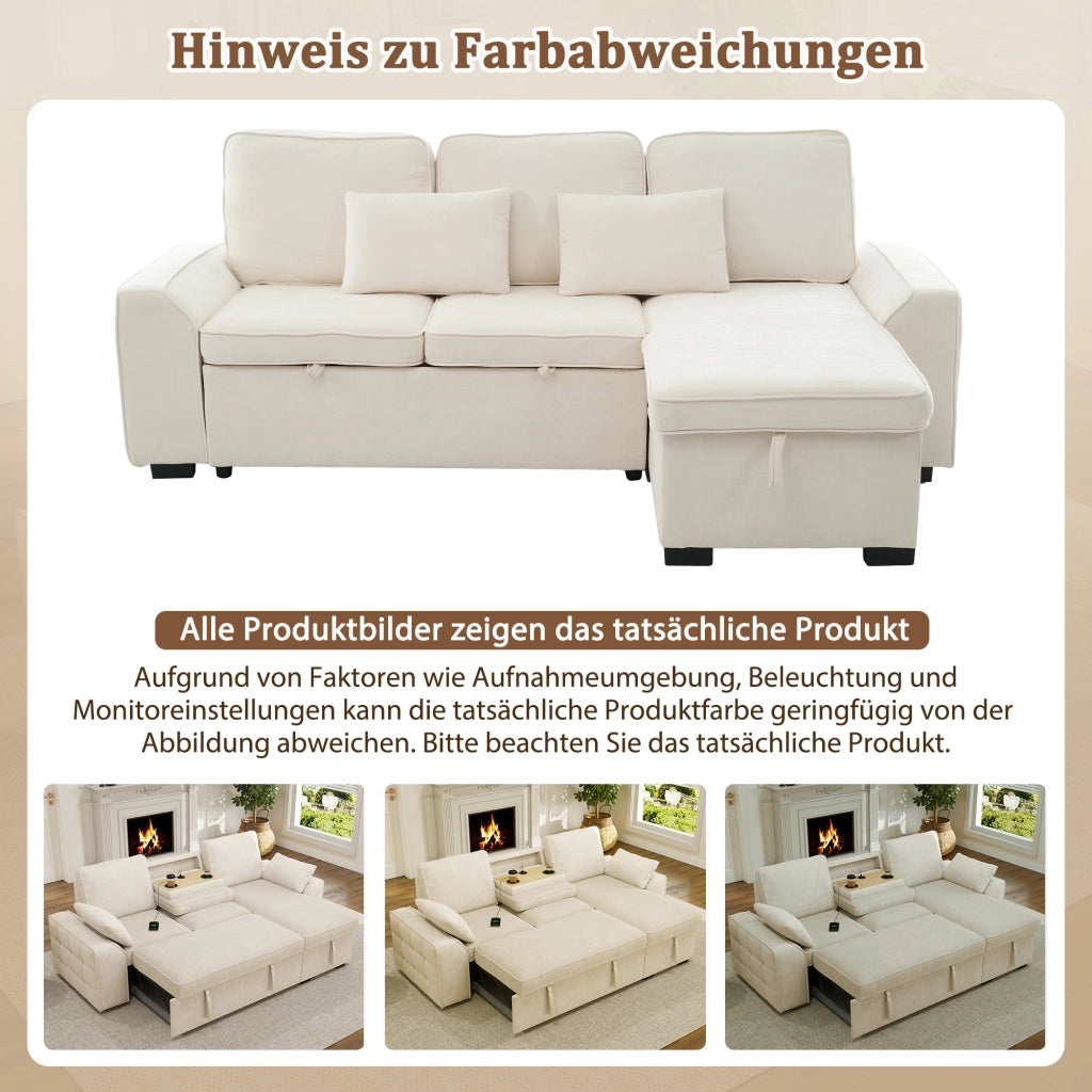 Divano angolare 3 posti in chenille con contenitore, letto estraibile, tavolino con portabicchieri e USB, beige, 237x141x86 cm
