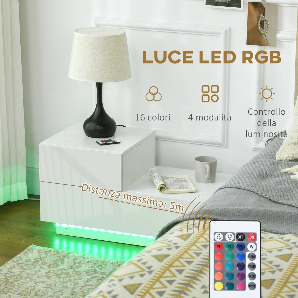 Easycomfort Comodino Moderno con 16 Luci LED RGB, Telecomando e Due Cassetti in Truciolato, 70x37x38cm, Bianco