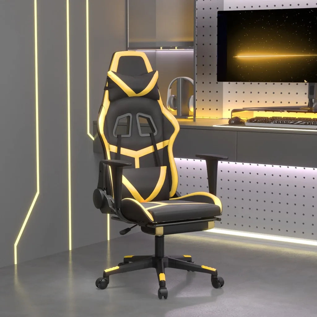 Sedia da Gaming | Sedia da e-sports Massaggiante Poggiapiedi Nero e Oro Similpelle