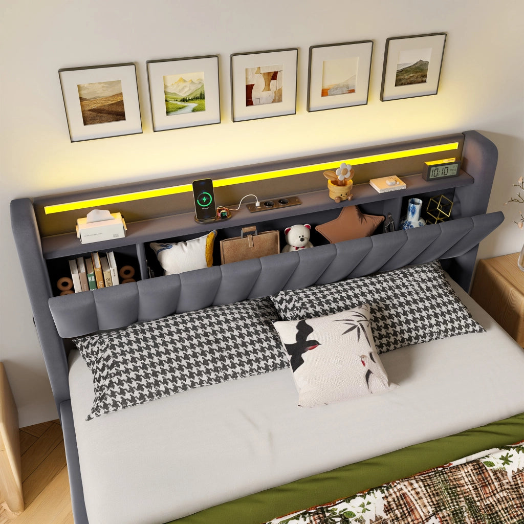 Letto Imbottito 140x200 cm Grigio Scuro in Velluto con Contenitore, USB e Luce d’Atmosfera