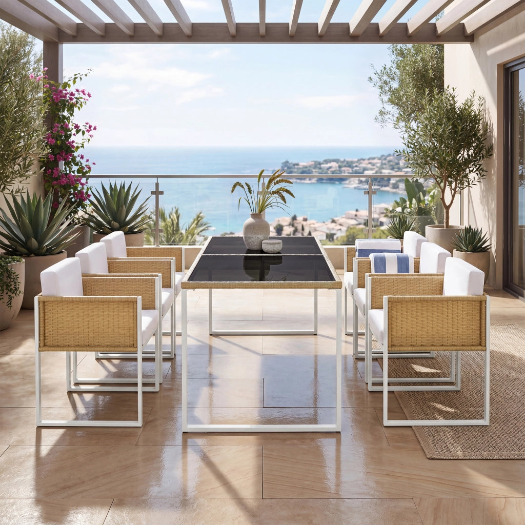 Set tavolo e sedie da esterno 1 tavolo + 6 sedie con cuscini in rattan sintetico; vetro e tessuto marrone e bianco