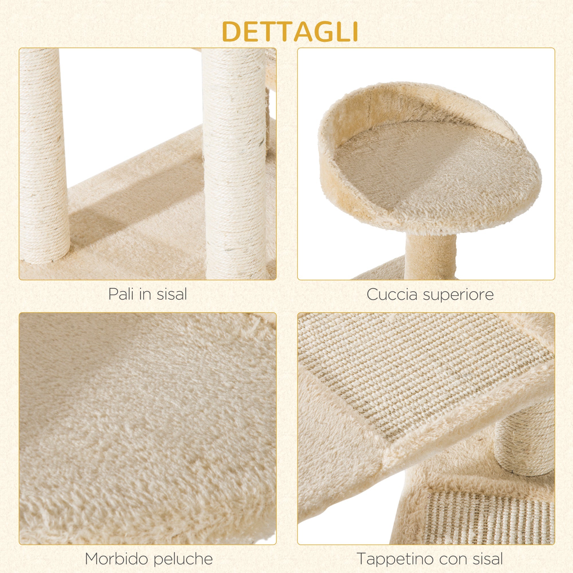 Albero Tiragraffi per Gatti 50x50x100 cm in Sisal e Peluche Beige