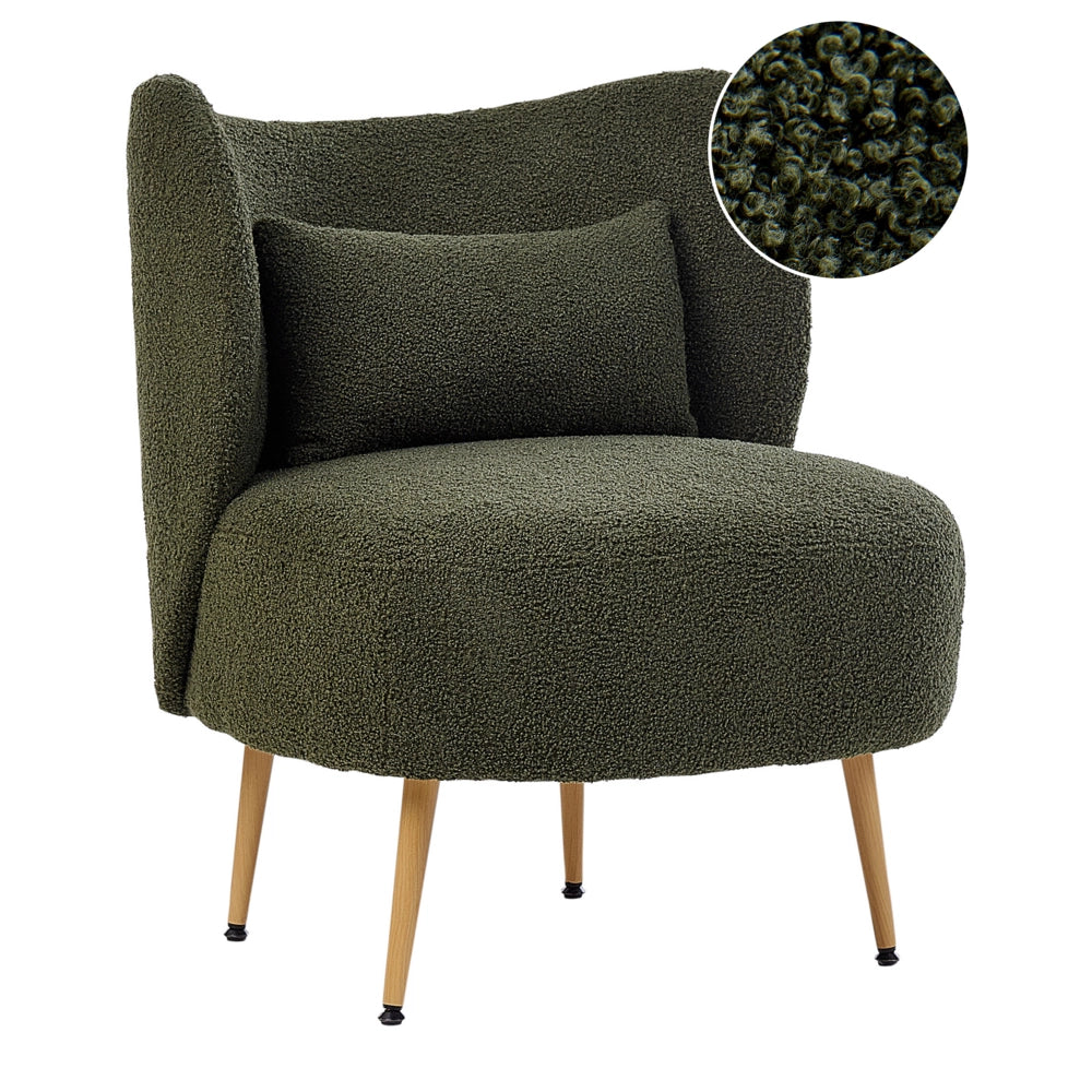 Poltrona da salotto con schienale curvo boucle verde scuro stile glam elegante soggiorno