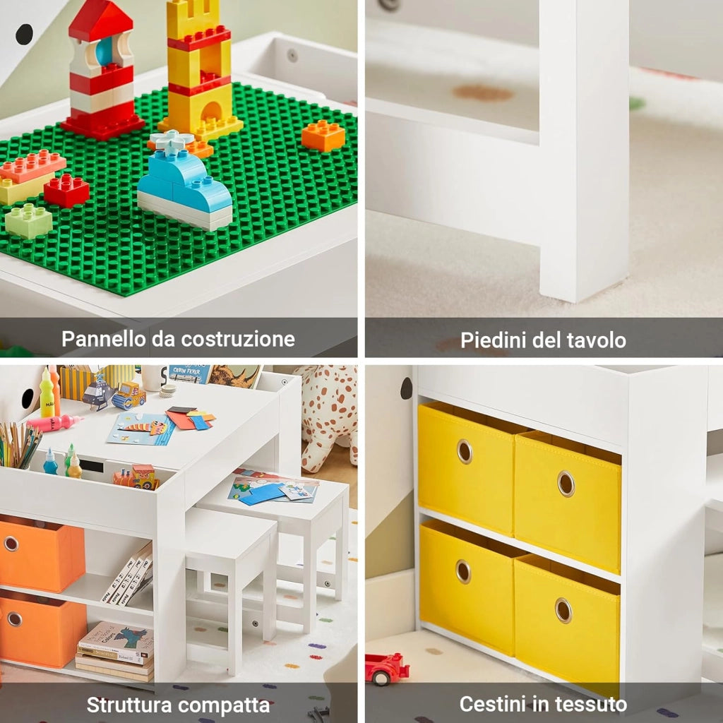 Tavolo multifunzionale per bambini con 2 sgabelli e 8 contenitori Set tavolo e sedie per cameretta bambini Tavolo da gioco con spazio di archiviazione Bianco 87x50x50 cm KMB75-W