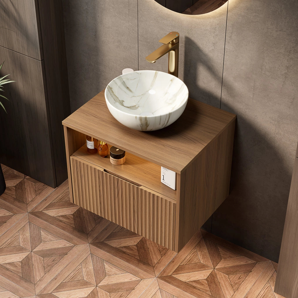Mobile bagno con cassetto e vano aperto con lavabo in ceramica e luce LED con sensore per bagno 60×46×60.8 cm