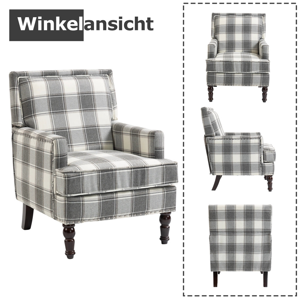 Sedia accent in stile vintage con rivestimento a righe bianco e grigio, struttura in legno e montaggio facile