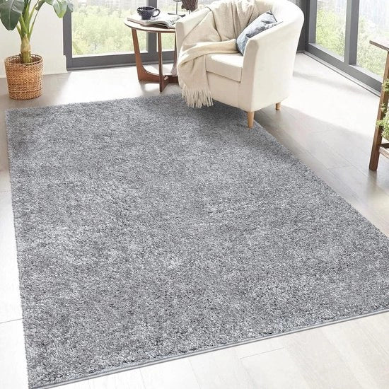 Tappeto da soggiorno con pelo alto shaggy, piano, grigio, quadrato, 150x150 cm, tappeto da camera da letto con pelo alto, piano, morbido e soffice, moderno