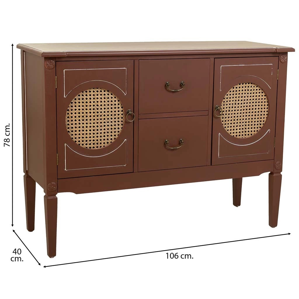 Credenza in legno marrone e rattan 106x40x78h