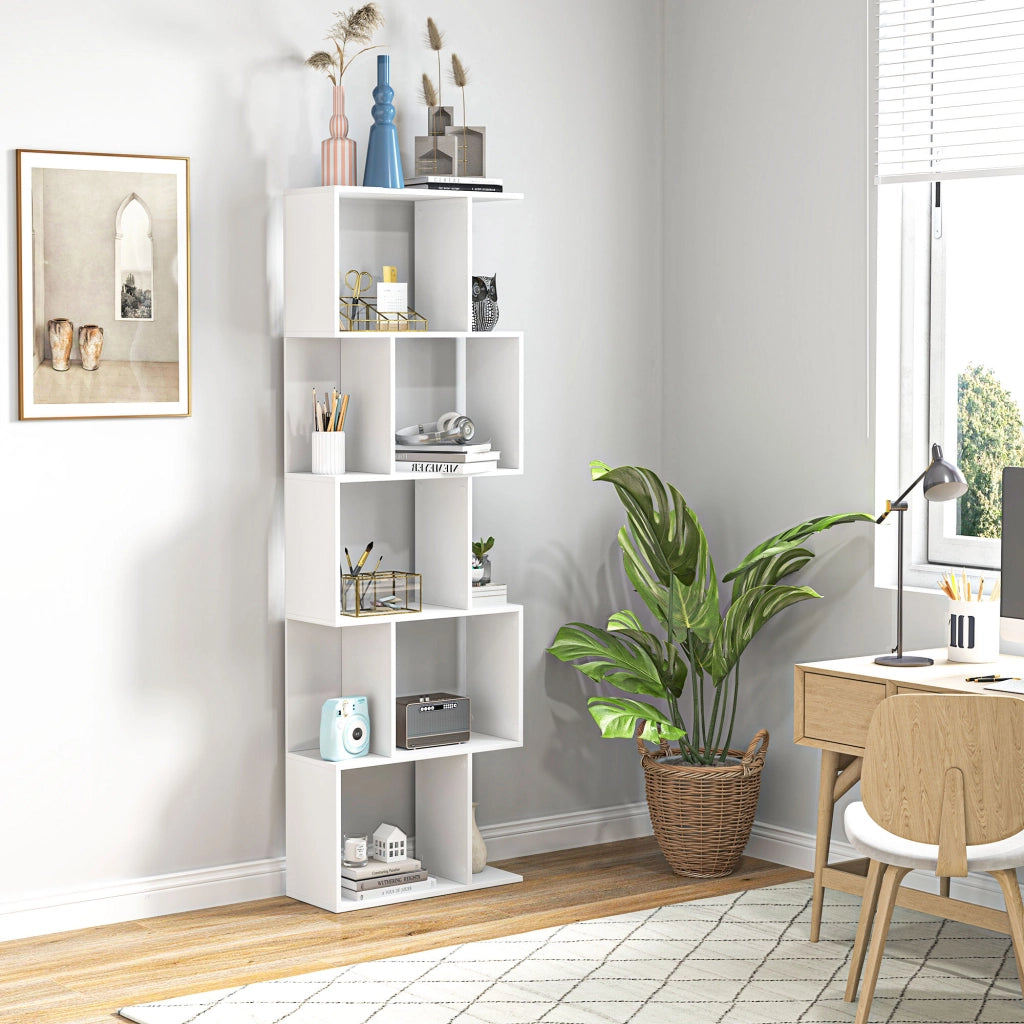 Mobile Libreria in Legno a 5 Ripiani con Divisorio, 60x24x184.5 cm, Bianco