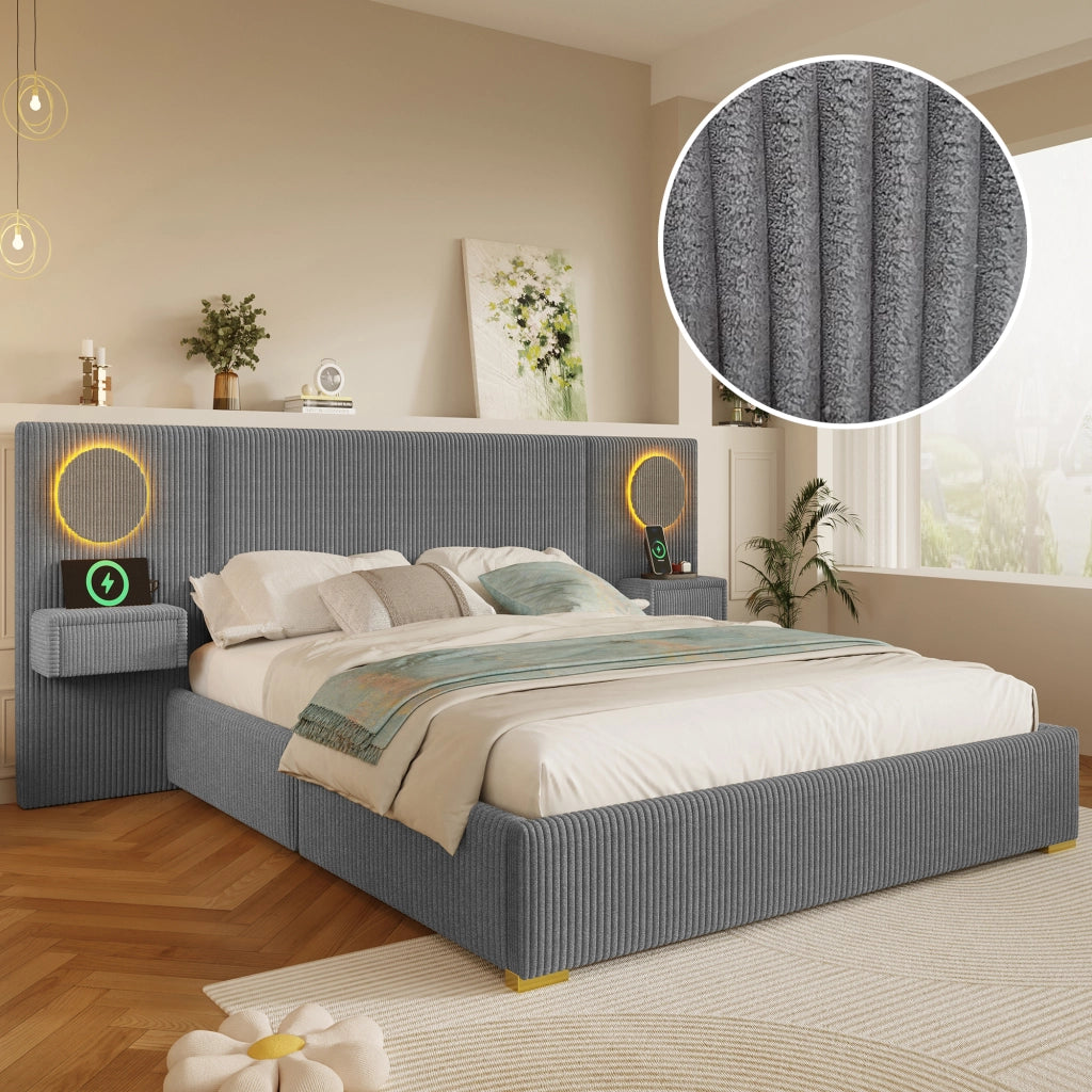 Letto Matrimoniale 180x200 cm; USB; LED; Cassetti e Tavolini in Velluto Grigio