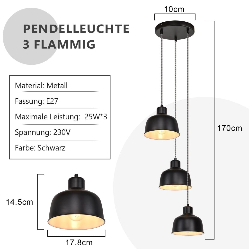 Lampada a sospensione ZMH nero 3 Luci retr¨° in metallo stile industrialeattacco E27 per sala da pranzo