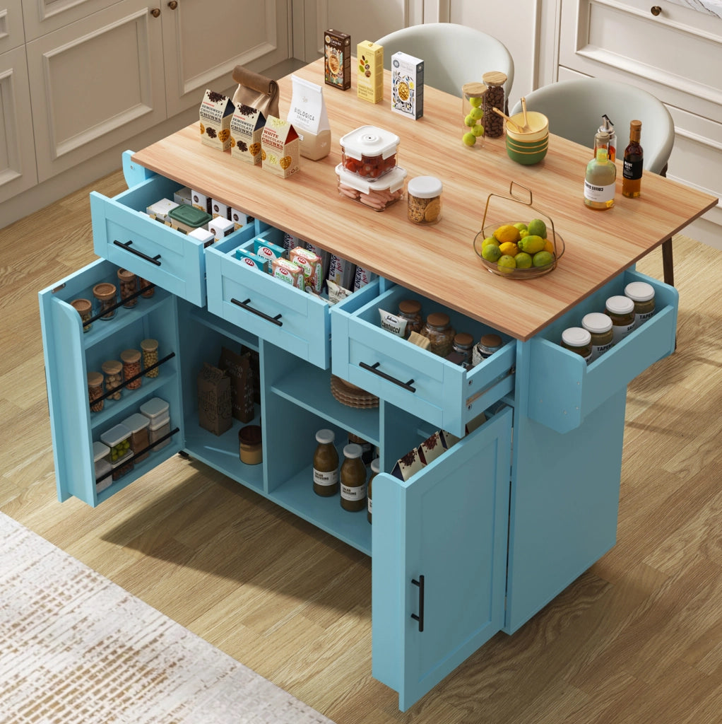 Carrello cucina con piano pieghevole e ruote blu 139 cm