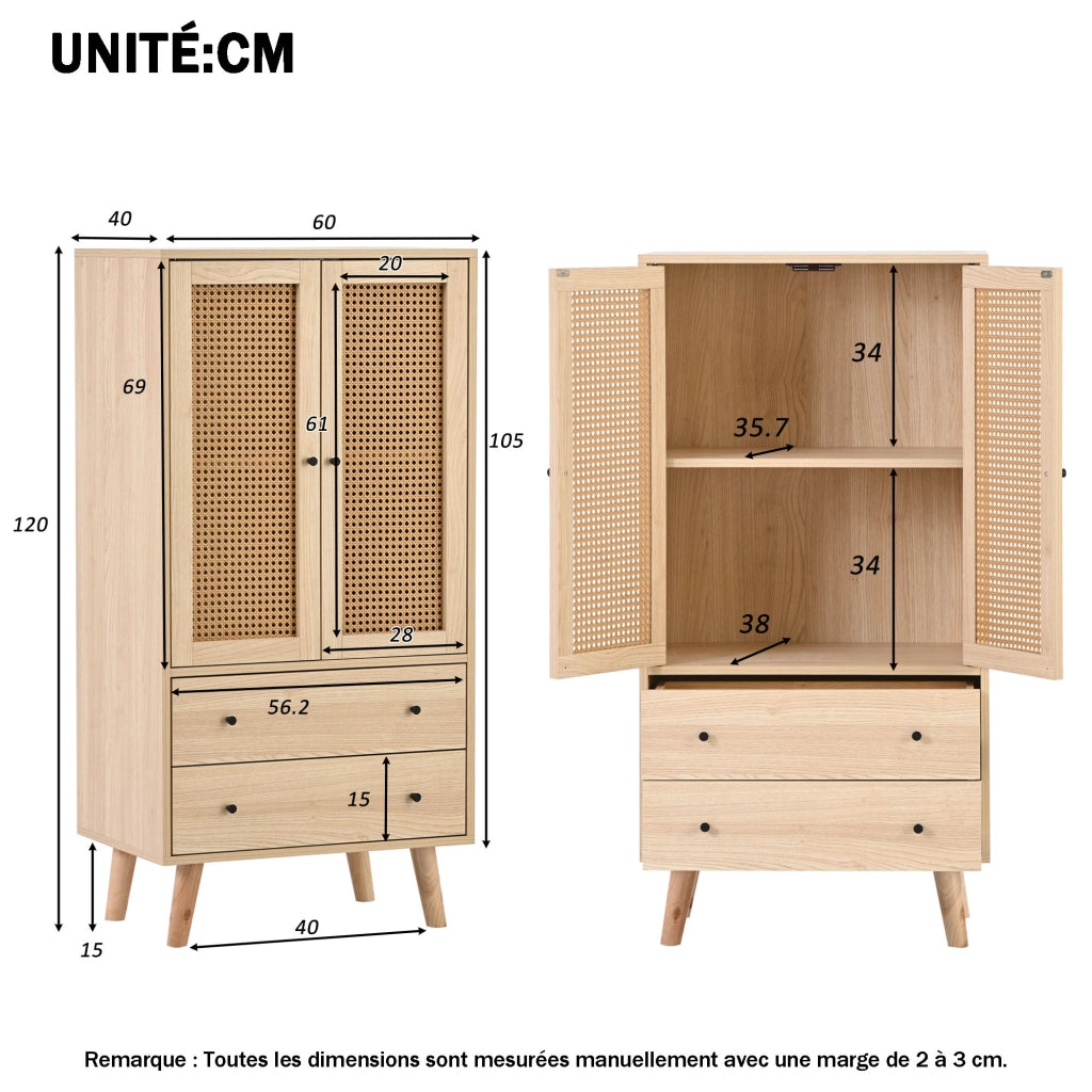 Credenza con 2 Ante e 2 Cassetti; Frontale Effetto Rattan; Stile Moderno; in Truciolare; Rovere; 60¡Á40¡Á120 cm