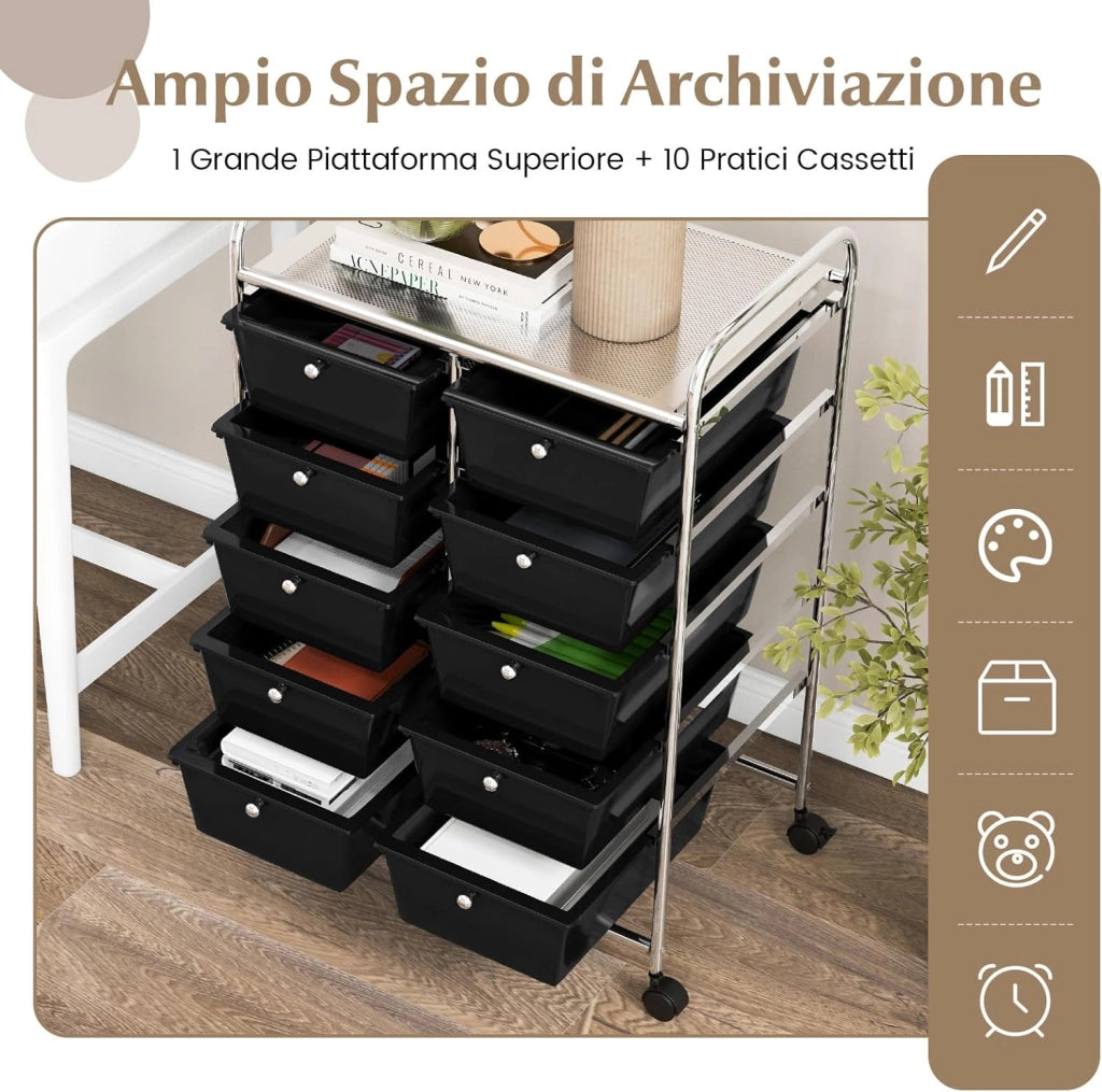 Carrello a 10 Cassetti con Ruote, di Stoccaggio con Stabilità Elevata, Multiuso per Casa Ufficio e Scuola, 65,5 x 37 x 87 cm (Nero)