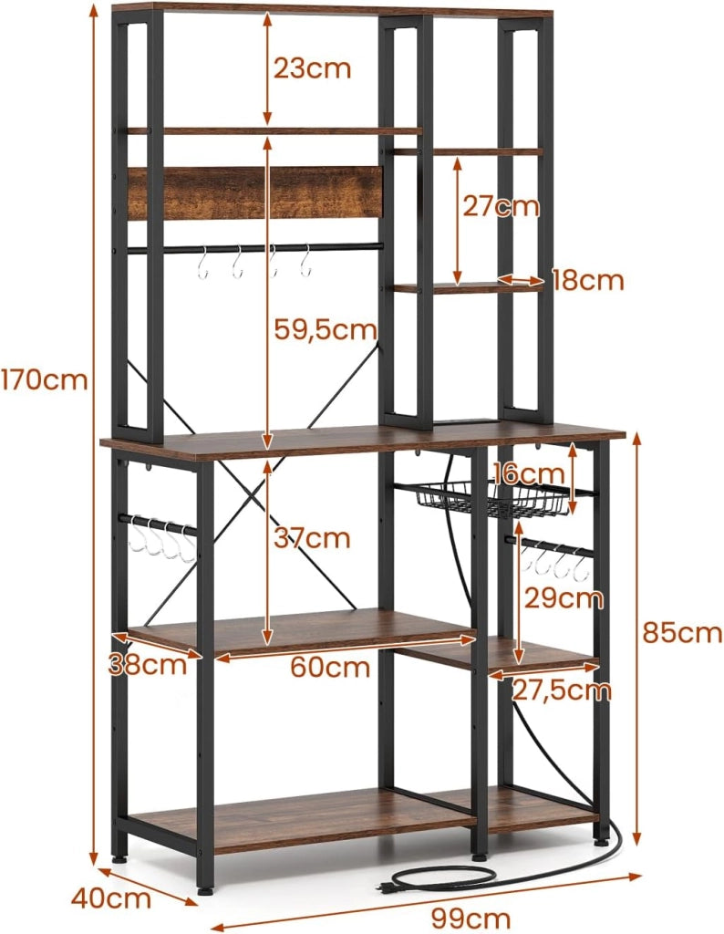 Scaffale da cucina con stazione di ricarica, scaffale da forno con piano di lavoro, scaffale da cucina, scaffale a microonde con 9 ripiani e ganci e cestello metallico, in legno e telaio in