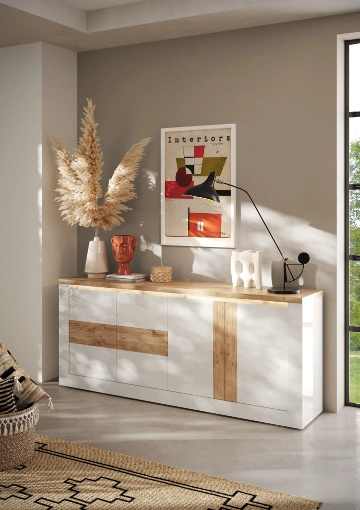 Madia 4 ante Bianco/Cadiz Linea ISCHIA L 210 x H 84 x P 44, realizzato in legno 100% MADE IN ITALY, design moderno per cucina, sala da pranzo, soggiorno colore Bianco/Cadiz