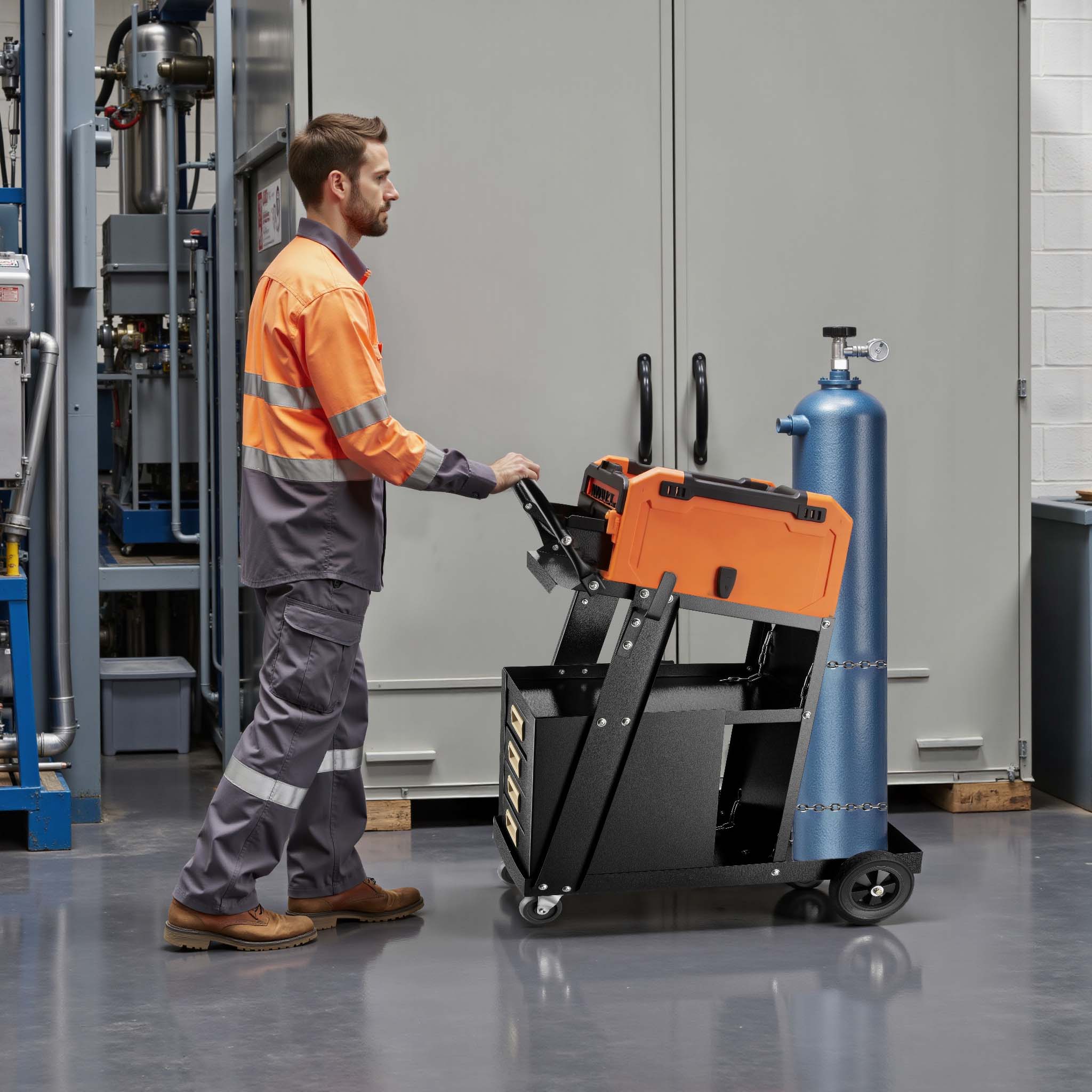 Carrello saldatrice con 4 cassetti, porta attrezzi per saldatura, in acciaio con 4 ruote, portata fino a 100 kg, con spazio per bombola di gas, per officina