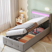 Letto imbottito 90 x 200 cm grigio con LED e vano contenitore idraulico