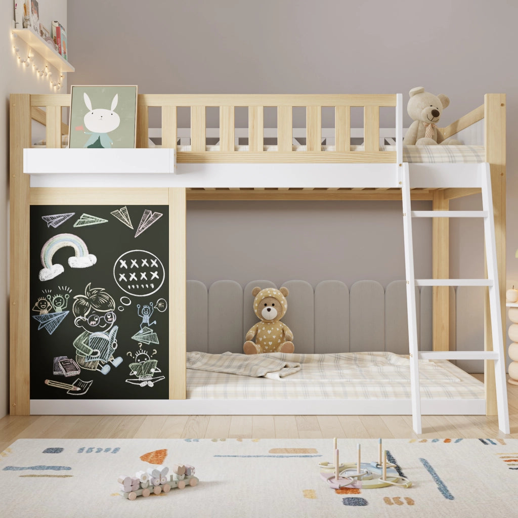 Letto a castello bianco e naturale in pino e MDF con lavagna scatola portaoggetti 90x200cm