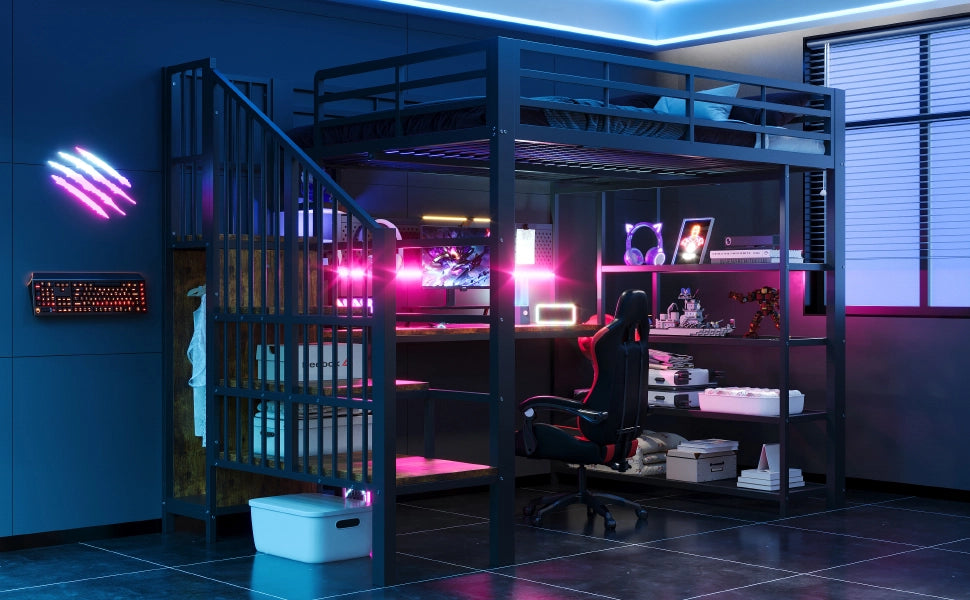 DESMIU Letto a soppalco 140 × 200 cm 2 posti con LED, prese, ripiani e scrivania, senza materasso, nero