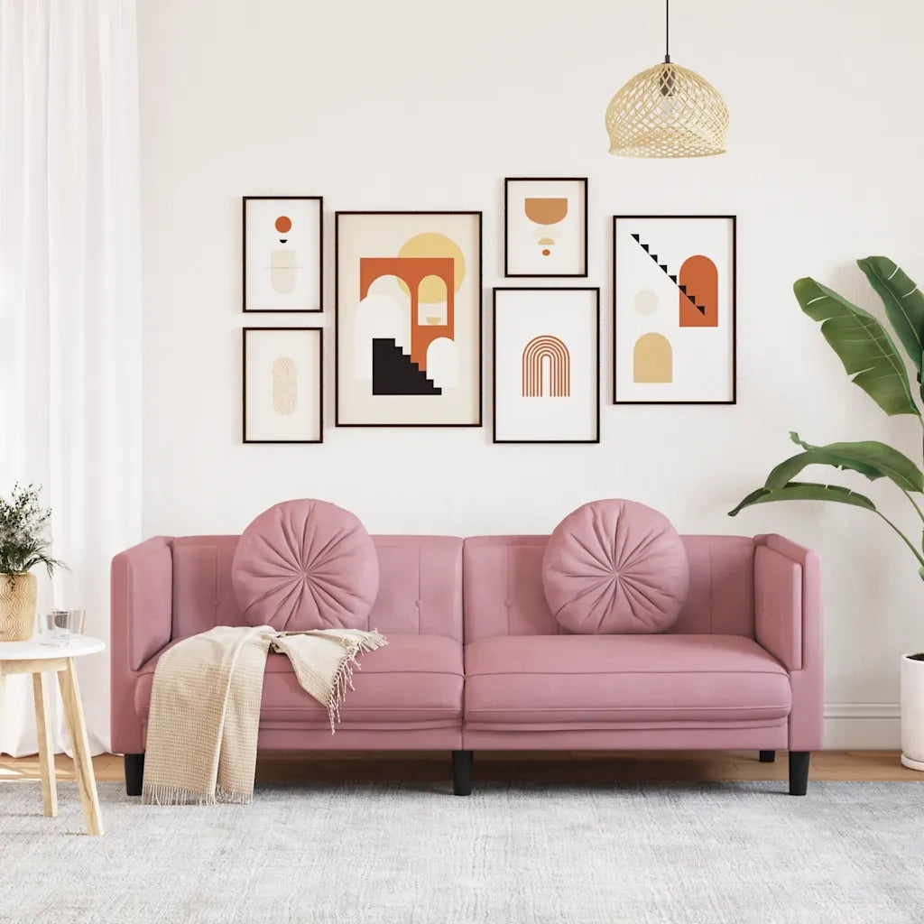 Divano | Divano da soggiorno | Sofa a 3 Posti con Cuscini Rosa in Velluto