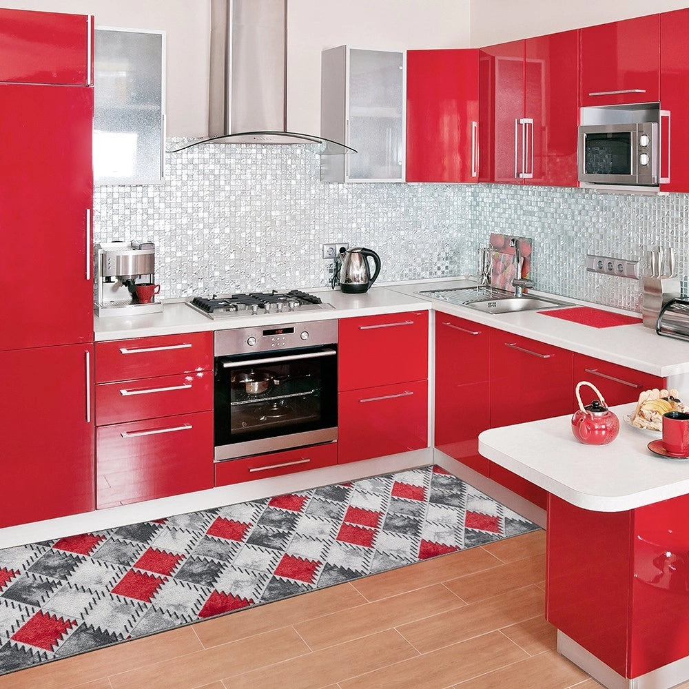 Tappeto Cucina Bordato Antiscivolo Assorbente Passatoia Colori Accesi Patchwork 57x140 Cm Rosso