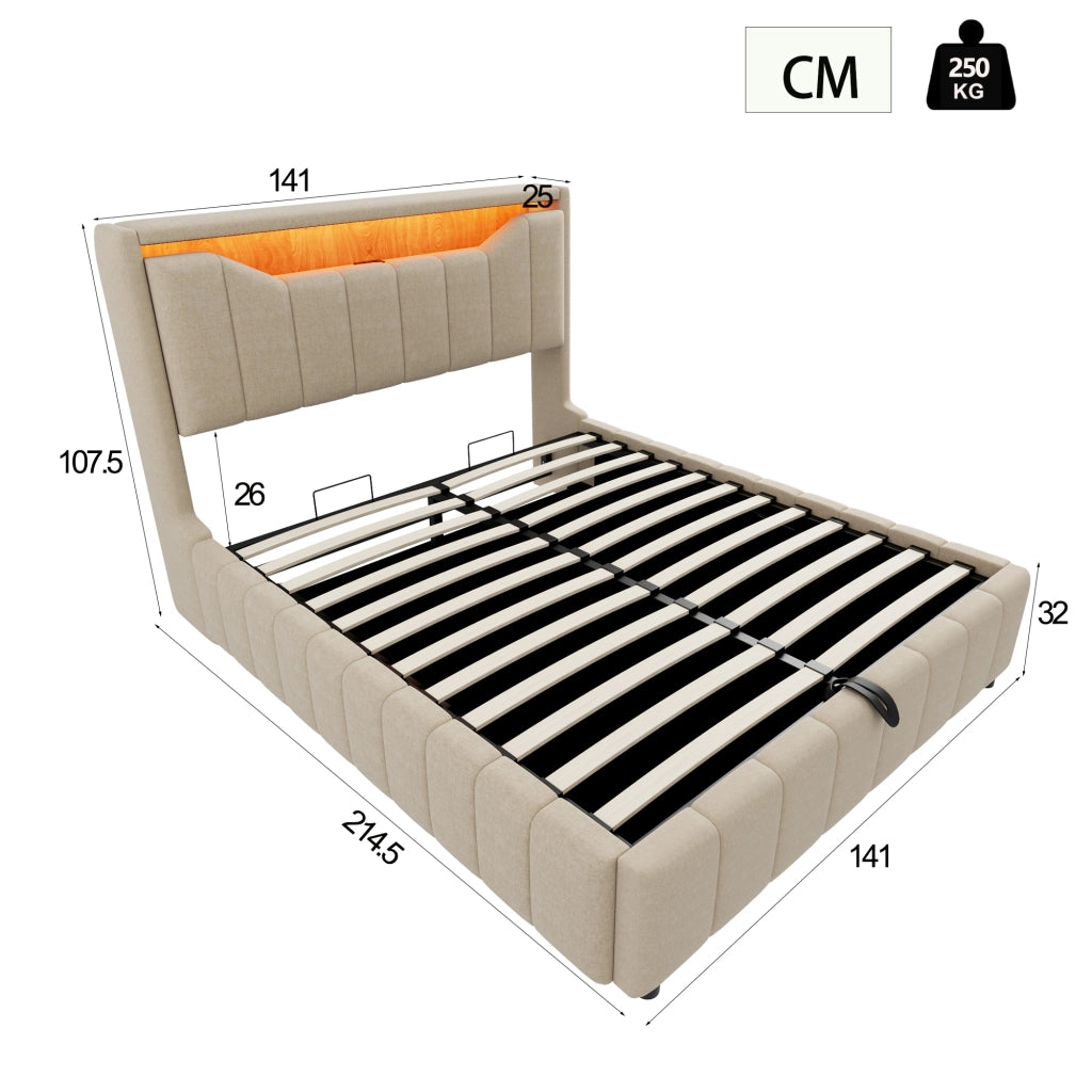 Letto imbottito 140x200 cm con contenitore; LED e porte USB in tessuto beige
