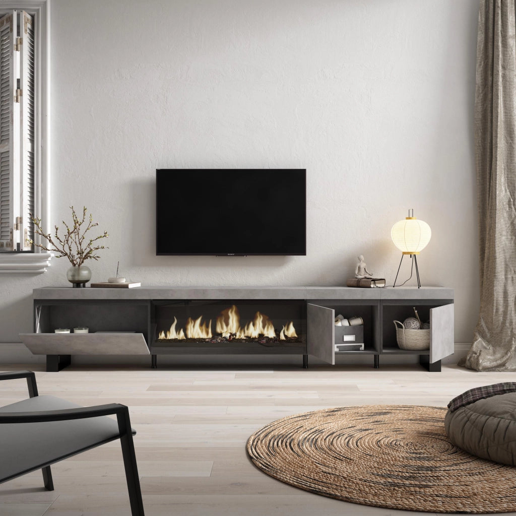 Mobile TV Soggiorno, 288x35x57cm, TV di grande formato, Camino elettrico XXL, Design industriale, grigio cemento RF3618