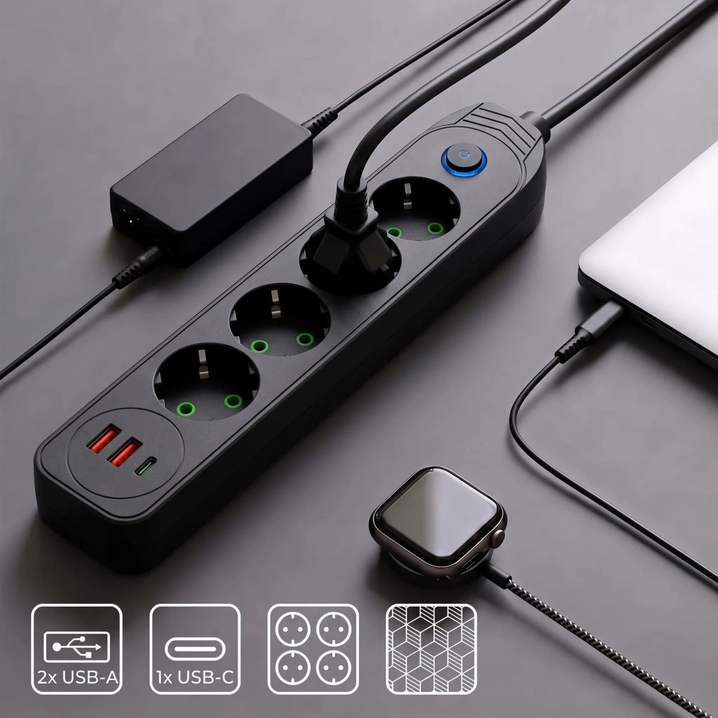Multipresa Con Prolunga, 4 Prese + 2 Porte Usb-a + Usb-c Jnh025-4b Black