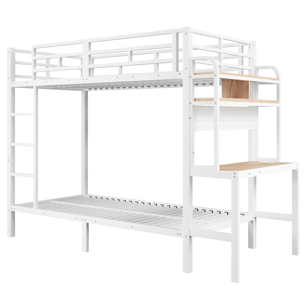 Letto a castello 90x200 cm in metallo e MDF con scrivania; ripiani; LED e USB; bianco
