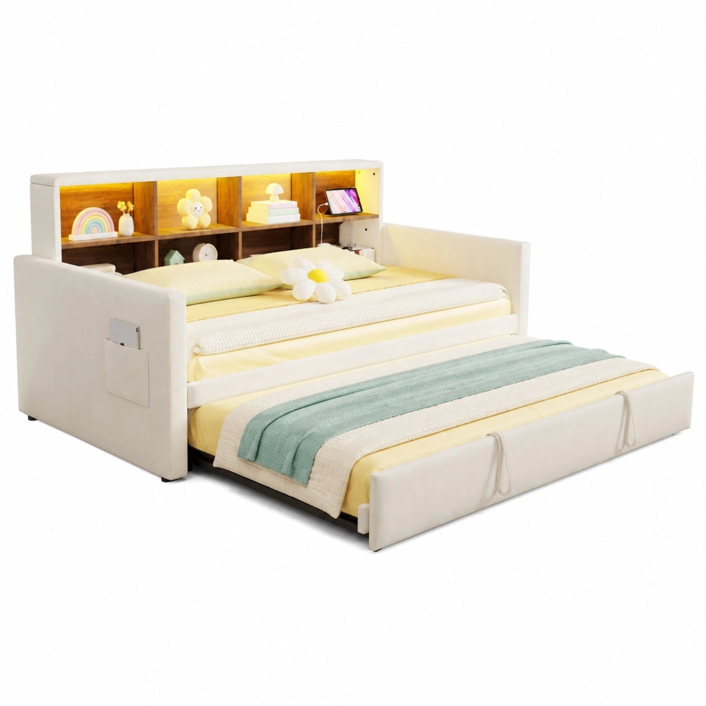 Letto imbottito 90x190 cm con testiera portaoggetti, LED, prese e letto estraibile, velluto beige