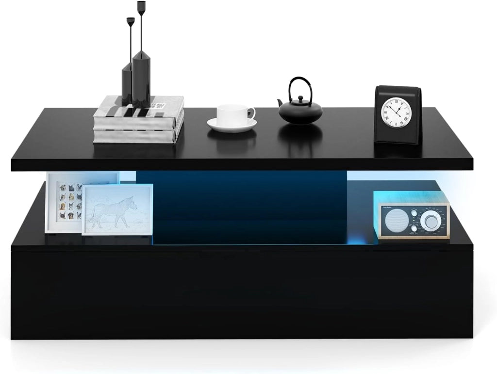 Tavolino da salotto con illuminazione dinamica a LED, tavolino da tè con colori di luce e luminosità regolabili, lucido, moderno tavolino a 2 livelli, 110 x 60 x 40 cm