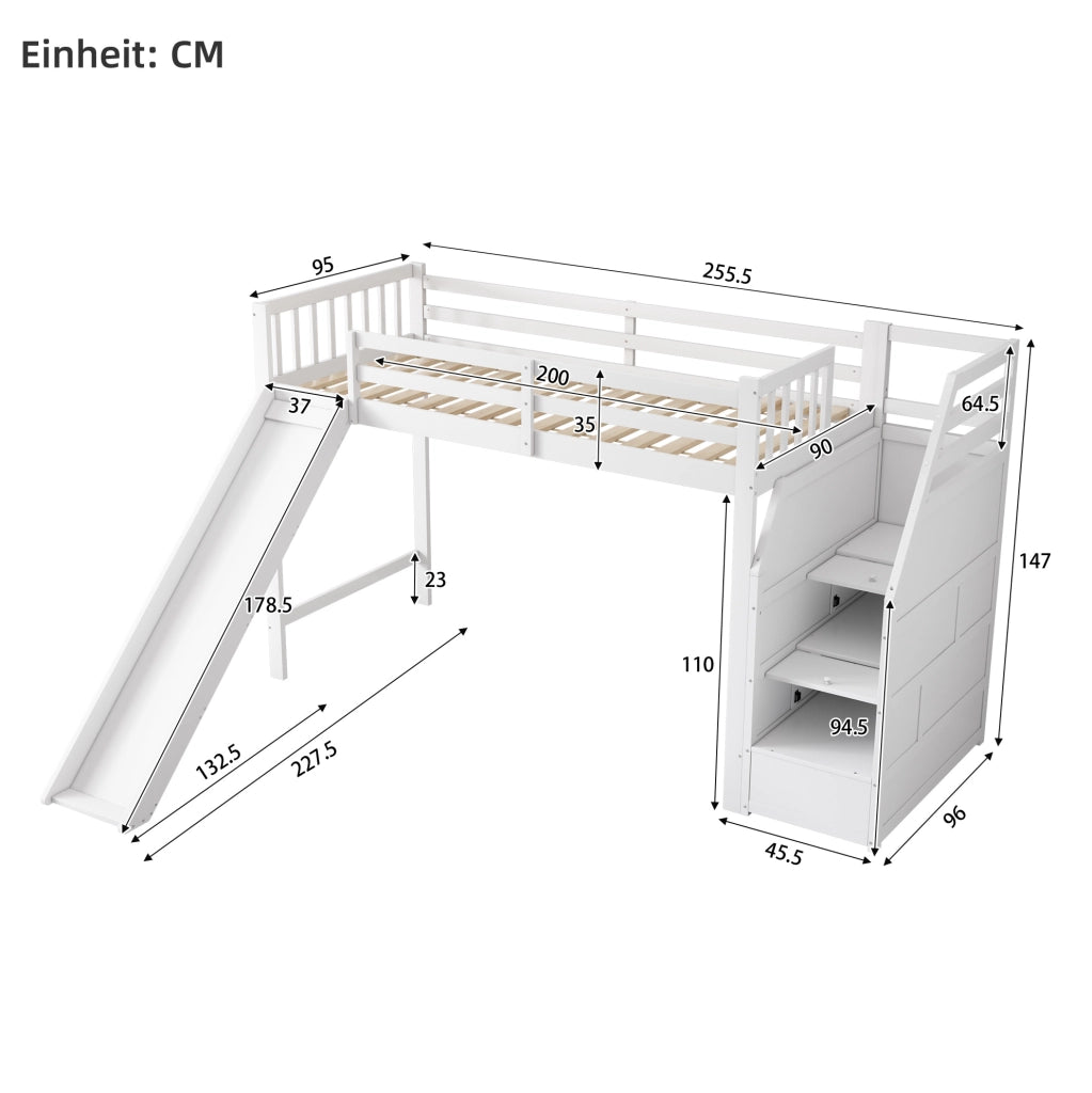 Letto a soppalco per bambini 90x200 cm bianco con scivolo e scala contenitore
